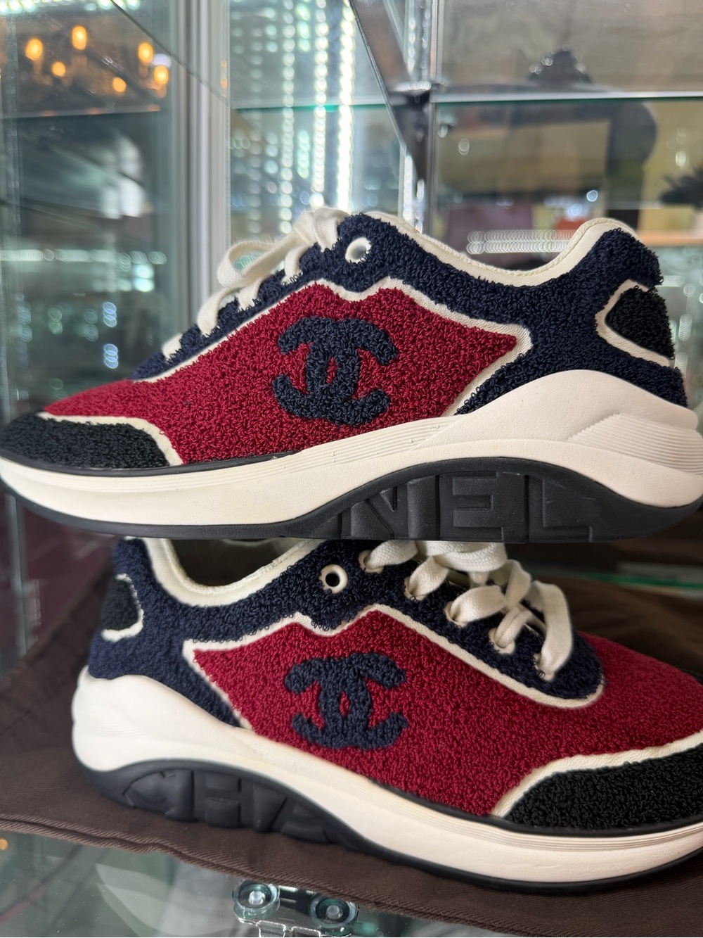 CHANEL Red, Navy & White Terry-Trim Sneakers